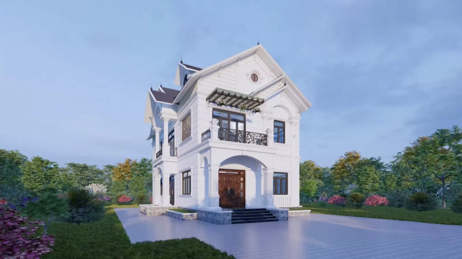 Thiết kế nhà mái thái 2 tầng 120m2 4 phòng ngủ kiểu Pháp sang trọng