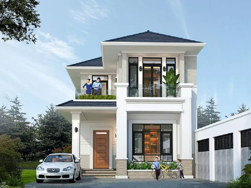 Ngôi nhà sử dụng tông màu trắng chủ đạo, kết hợp với màu đen của các chi tiết trang trí, tạo nên vẻ đẹp