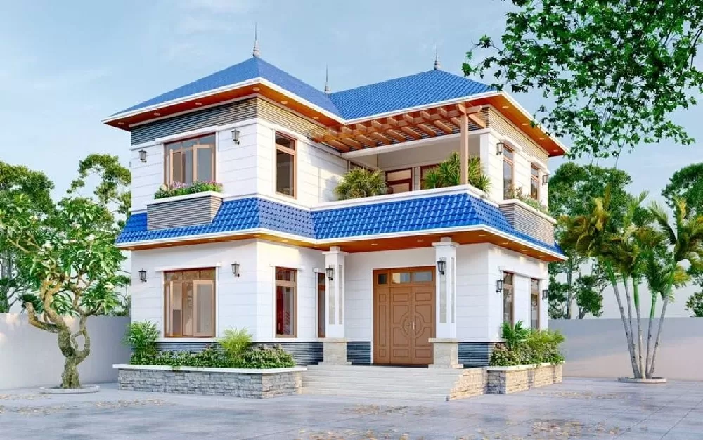 Mái nhà màu xanh nổi bật trên nền sơn trắng