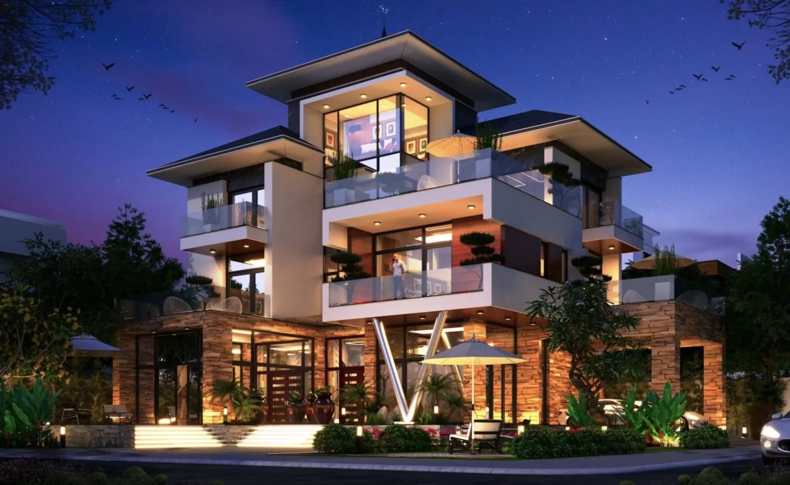 Mẫu nhà mái nhật 2 5 tầng phong cách hiện đại với hệ thống chiếu sáng tự động quanh nhà