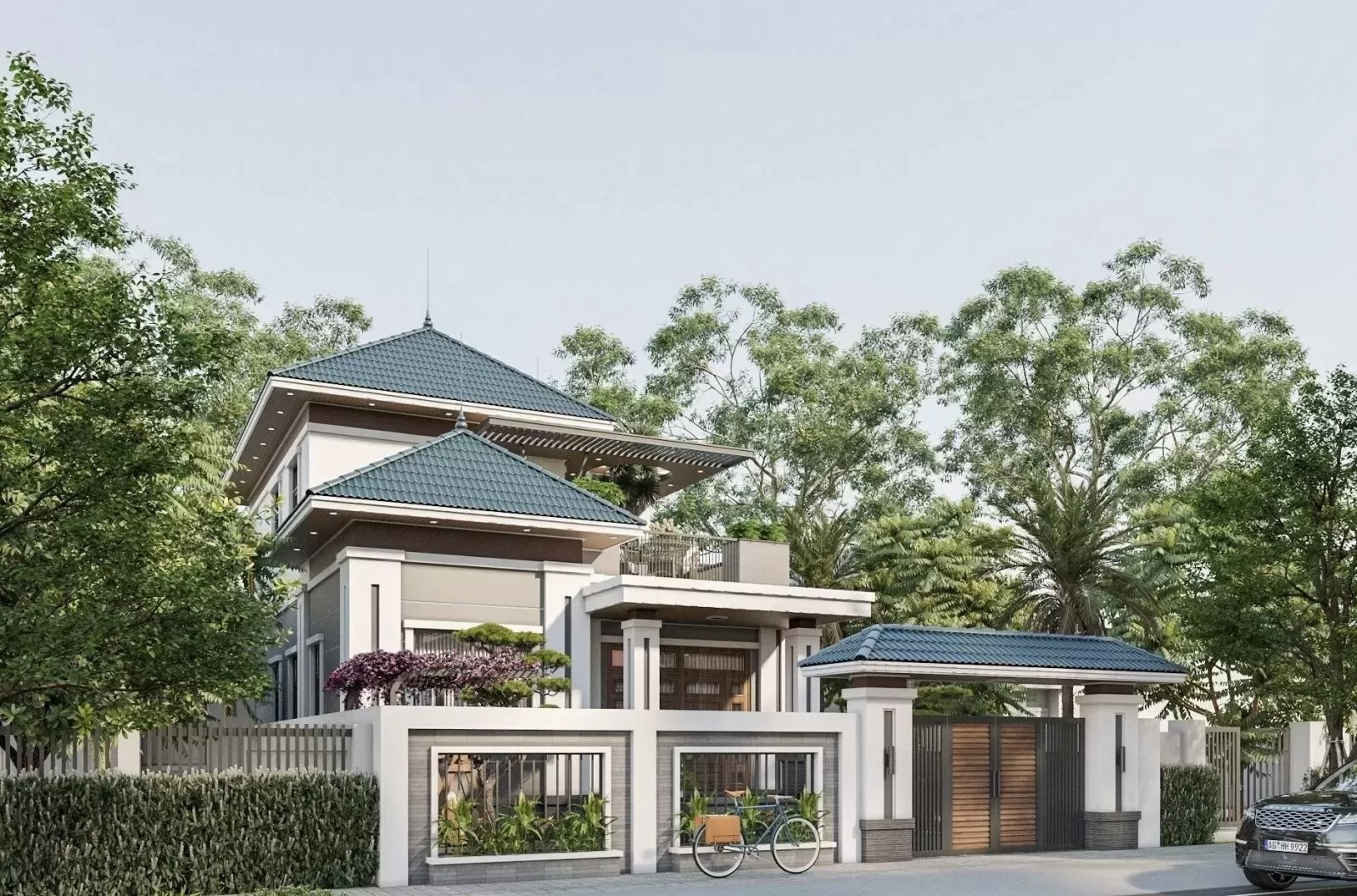 Mẫu nhà 2,5 tầng mái nhật hiện đại 8x16m có mặt tiền cân đối hợp phong thuỷ