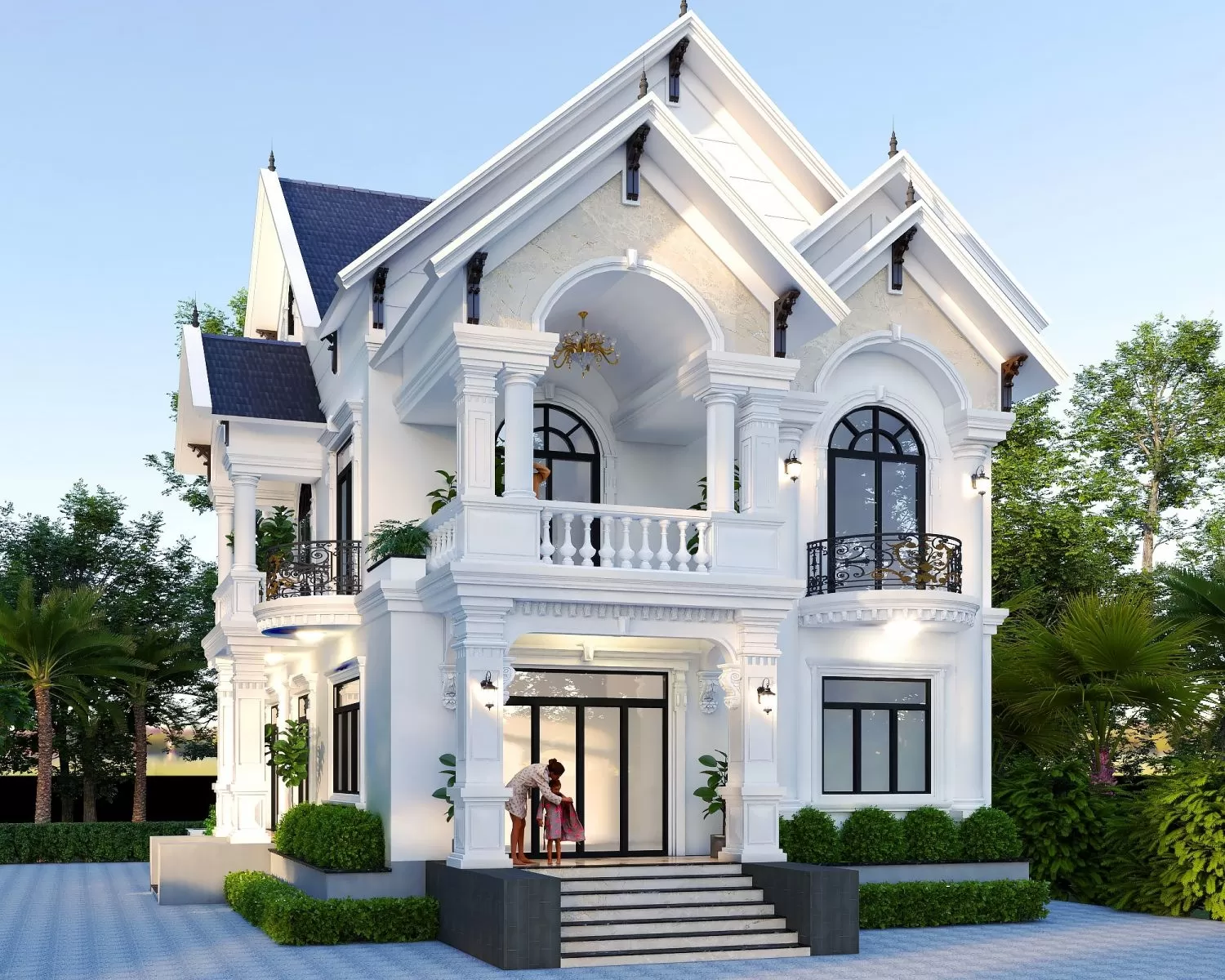 Nhà mái thái 2 tầng 1 tum hình vuông tân cổ điển