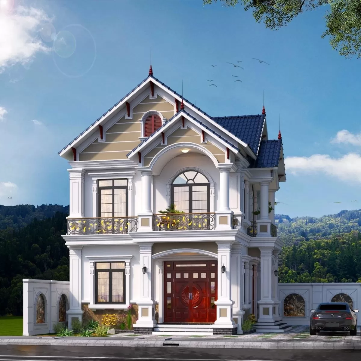 Thiết kế nhà tân cổ điển mái thái 2 tầng 4 phòng ngủ
