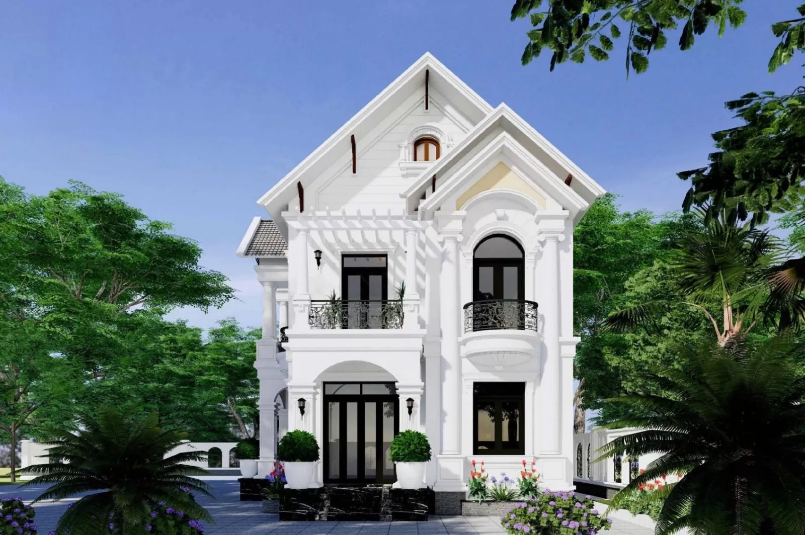 Nhà sân vườn tân cổ điển 2 tầng mái thái chữ L
