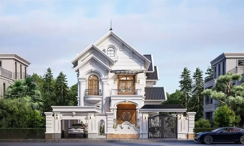 Nhà sân vườn tân cổ điển 2 tầng mái thái giật cấp