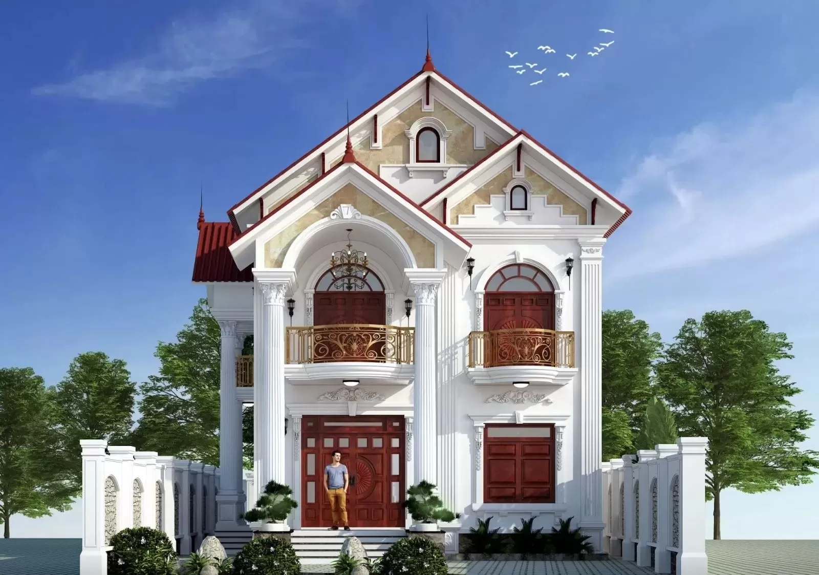 Nhà mái thái đỏ 2 tầng 5 phòng ngủ kiểu tân cổ điển