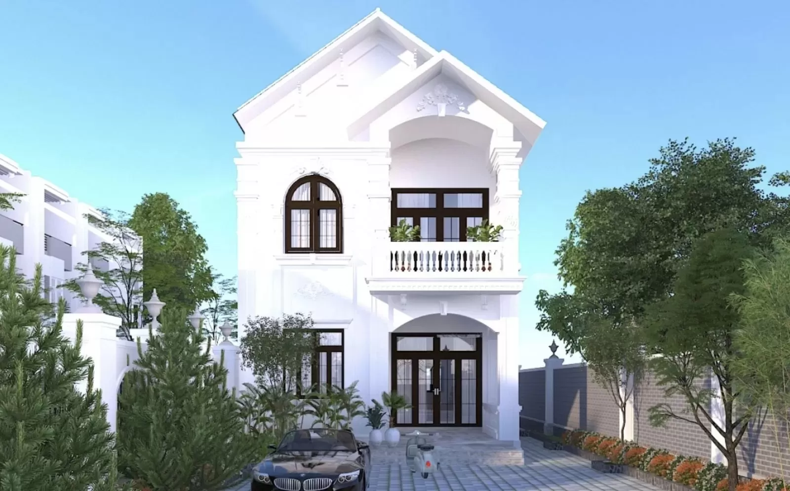 Mẫu nhà ống mái thái 2 tầng màu trắng phong cách tân cổ điển