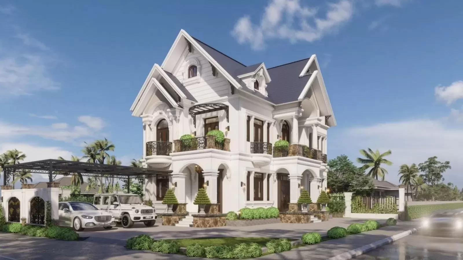 Nhà 2 tầng sân vườn mái thái có gara kiến trúc tân cổ điển