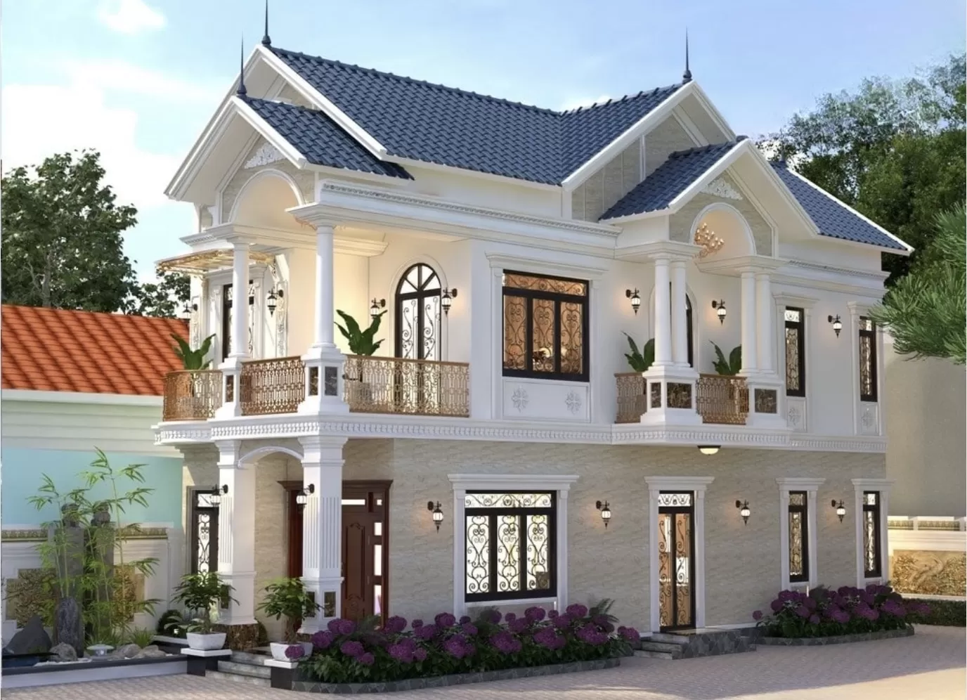 Thiết kế nhà ống mái thái 2 tầng tân cổ điển có hoa