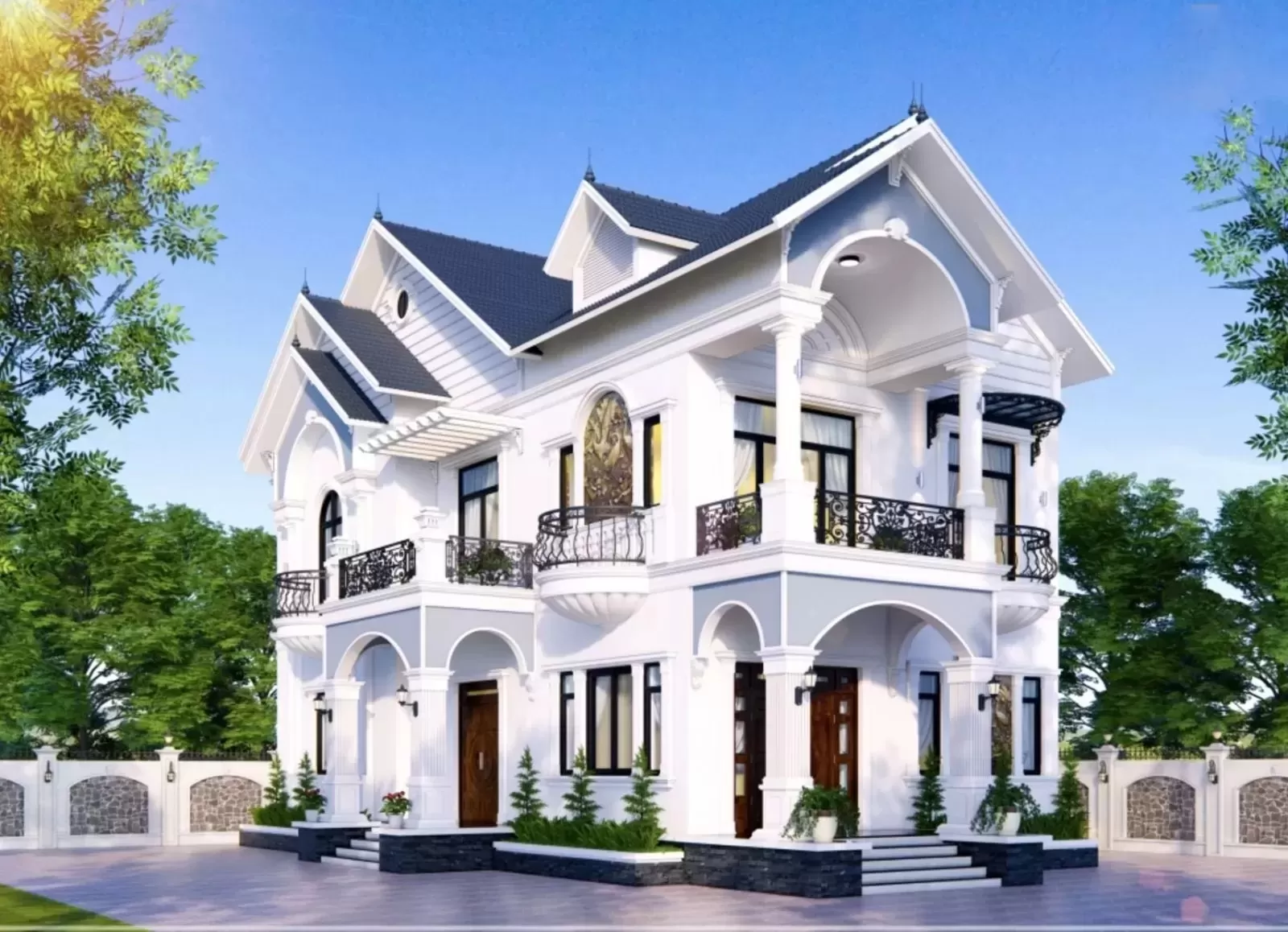 Nhà vườn mái thái 2 tầng phong cách tân cổ điển 90m2