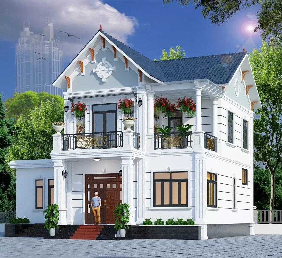Mẫu nhà 2 tầng giá rẻ mái thái phong cách tân cổ điển