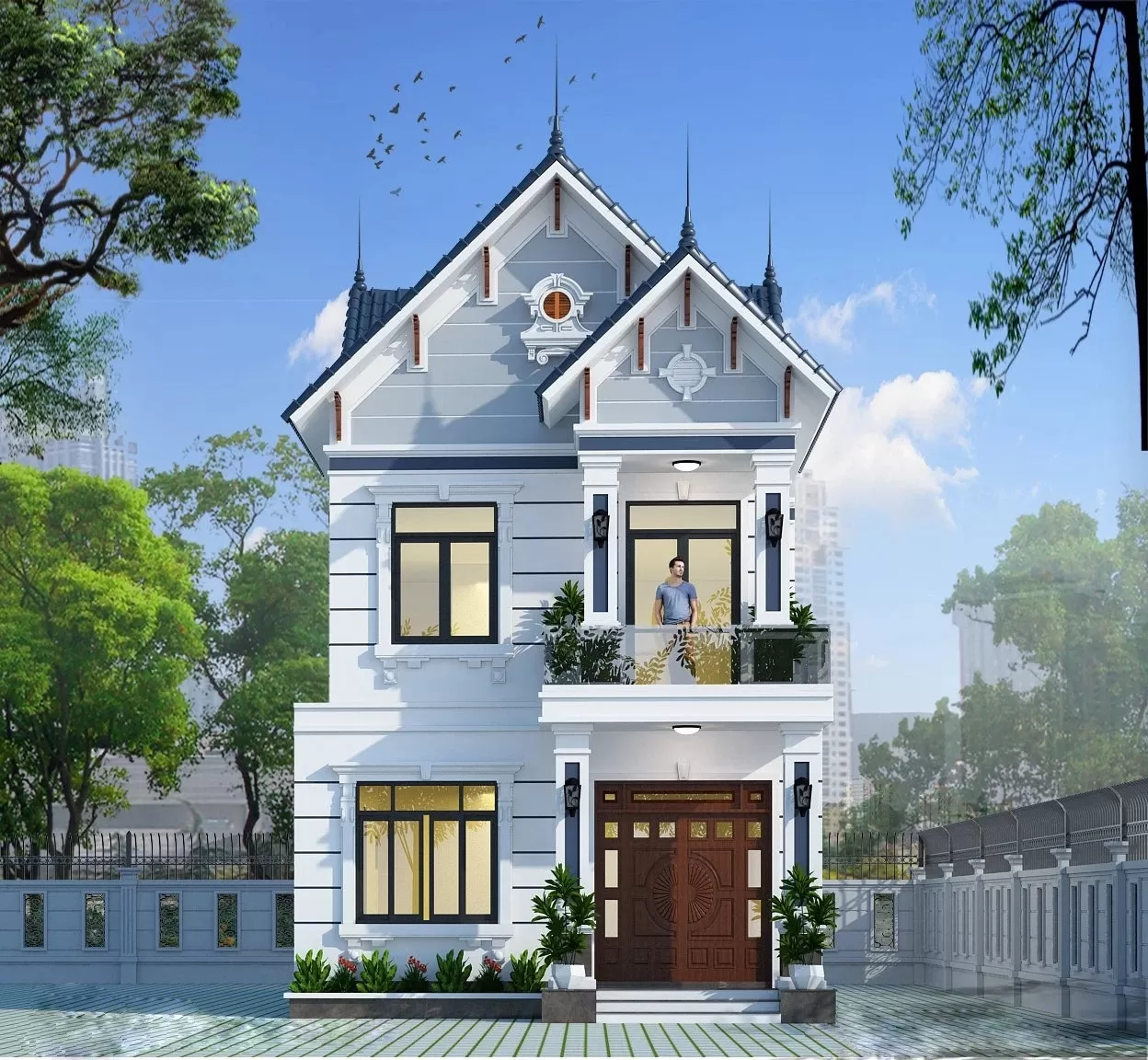 Nhà vuông mái thái 2 tầng phong cách tân cổ điển