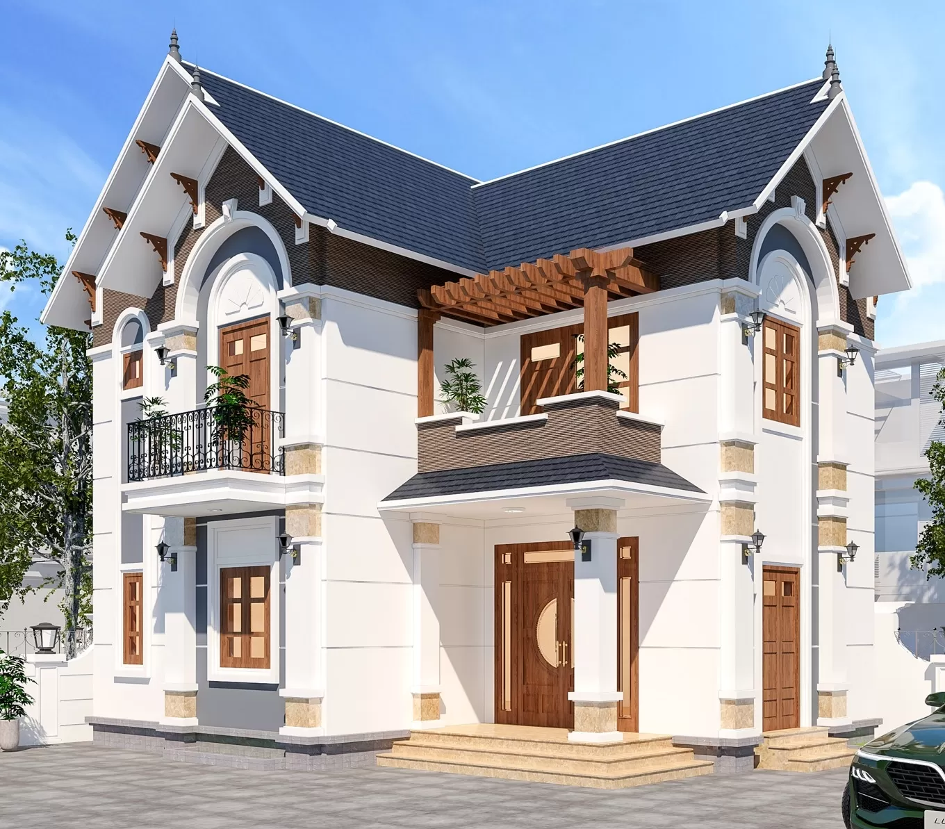 Nhà mái thái 2 tầng chữ L tân cổ điển 3 phòng ngủ 1 phòng khách