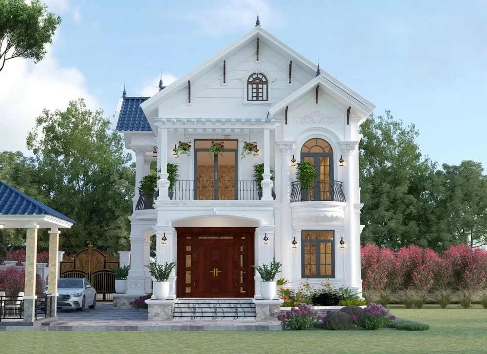 Nhà mái thái 2 tầng hình vuông 8x8m tân cổ điển