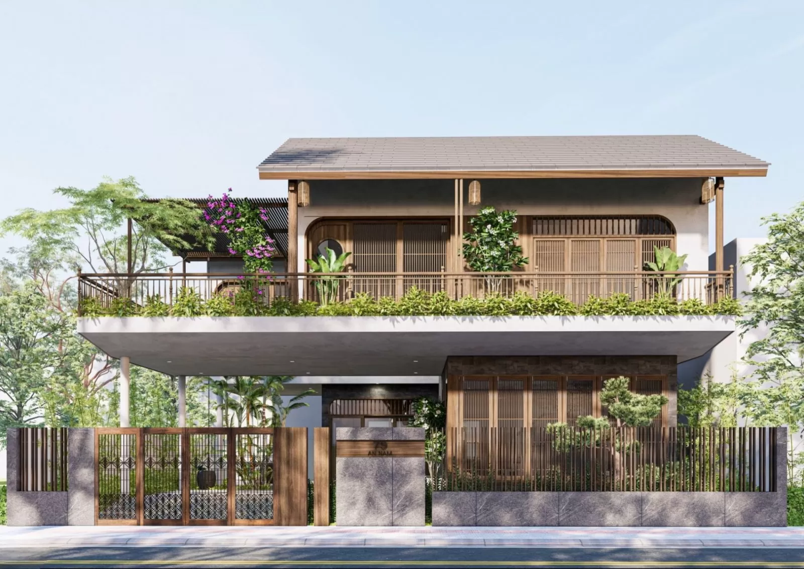 Nhà 2 tầng sân vườn 150m2 phong cách truyền thống