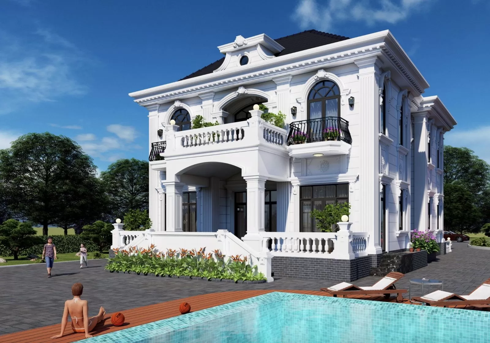 Mẫu lâu đài mini 2 tầng 150m2 có hồ bơi