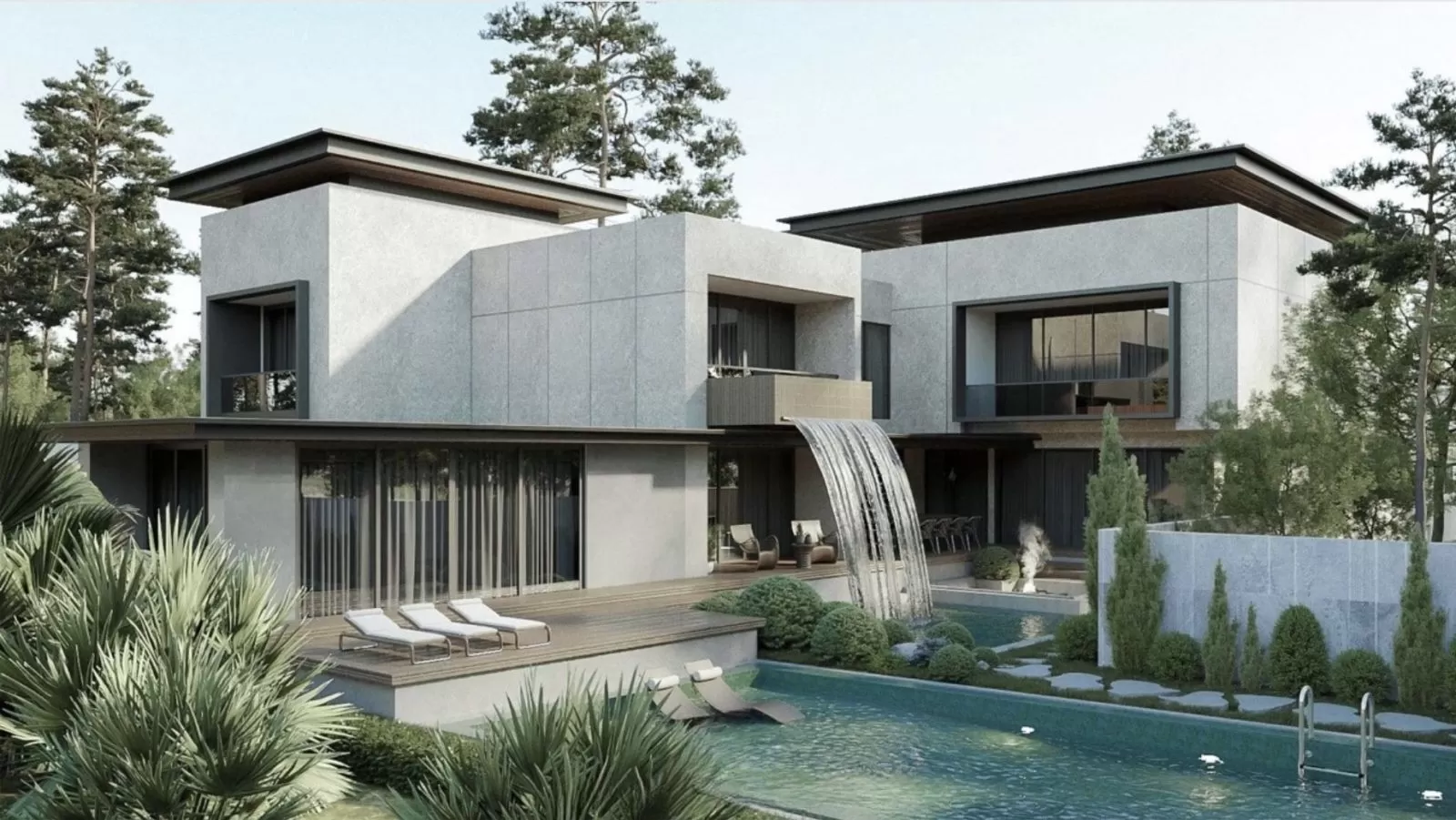 Mẫu nhà vườn 2 tầng 150m2 mái bằng đẹp hiện đại có hồ bơi
