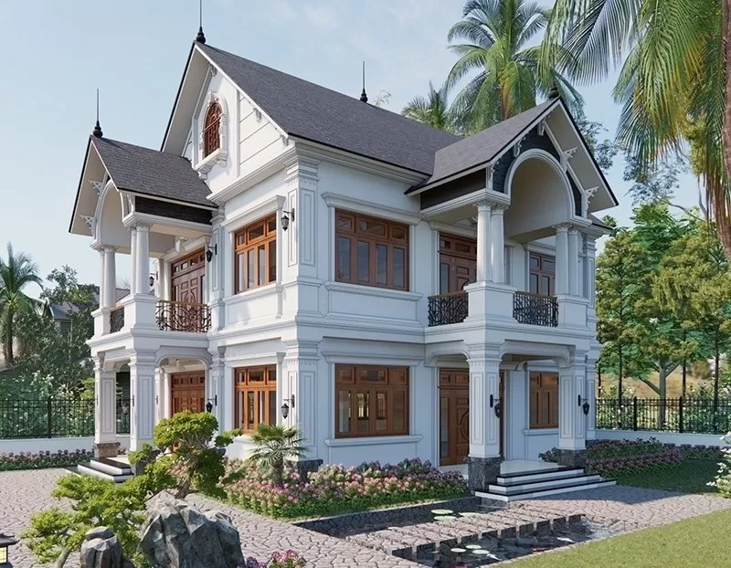 Nhà vuông 2 tầng ở nông thôn mái thái sân vườn 150m2