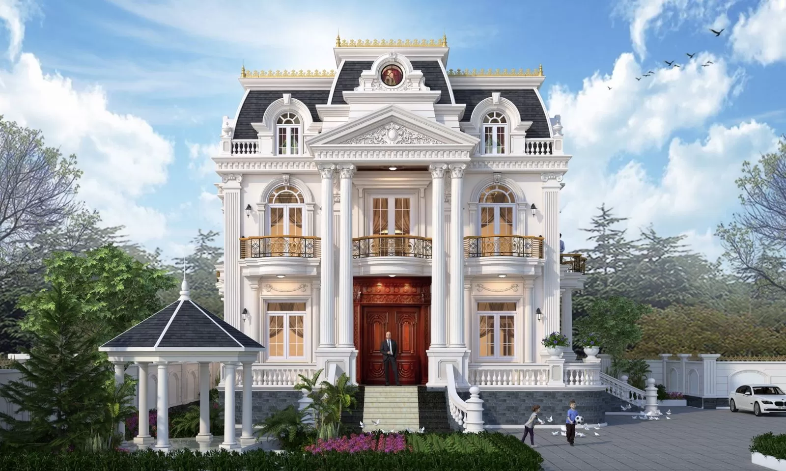 Mẫu biệt thự 2 tầng 150m2 mái Mansard có chòi nghỉ mát