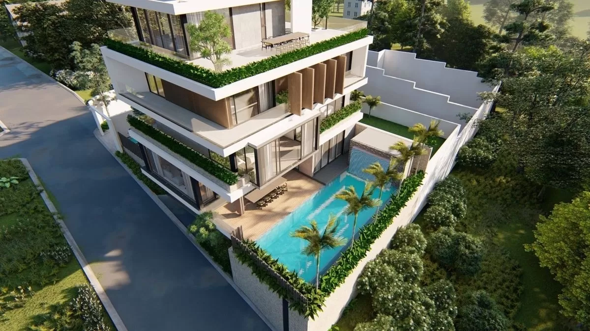 Biệt thự nghỉ dưỡng mái bằng 3 tầng hiện đại có hồ bơi