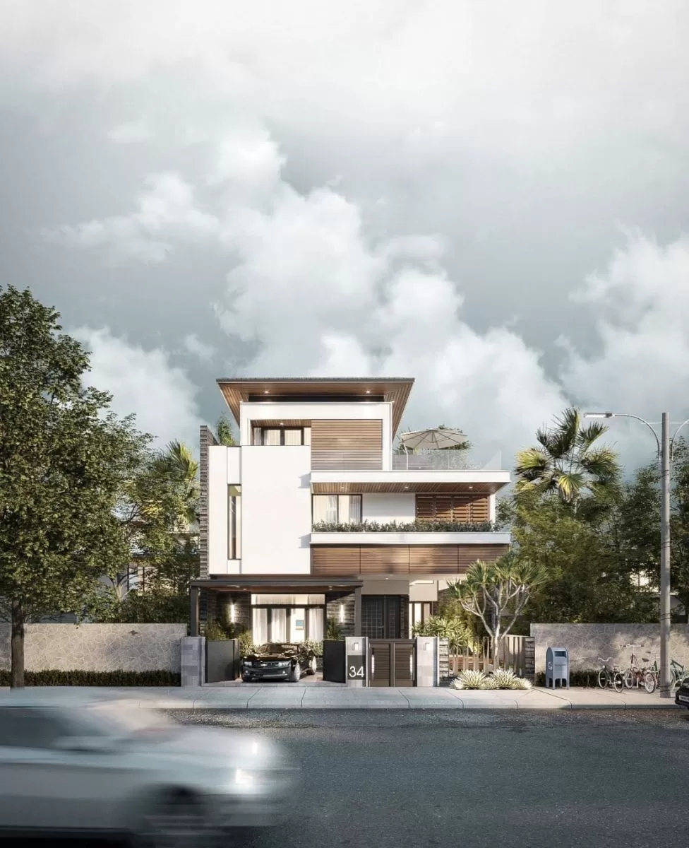 Mẫu biệt thự 3 tầng 8x12m mái bằng hiện đại có sân thượng