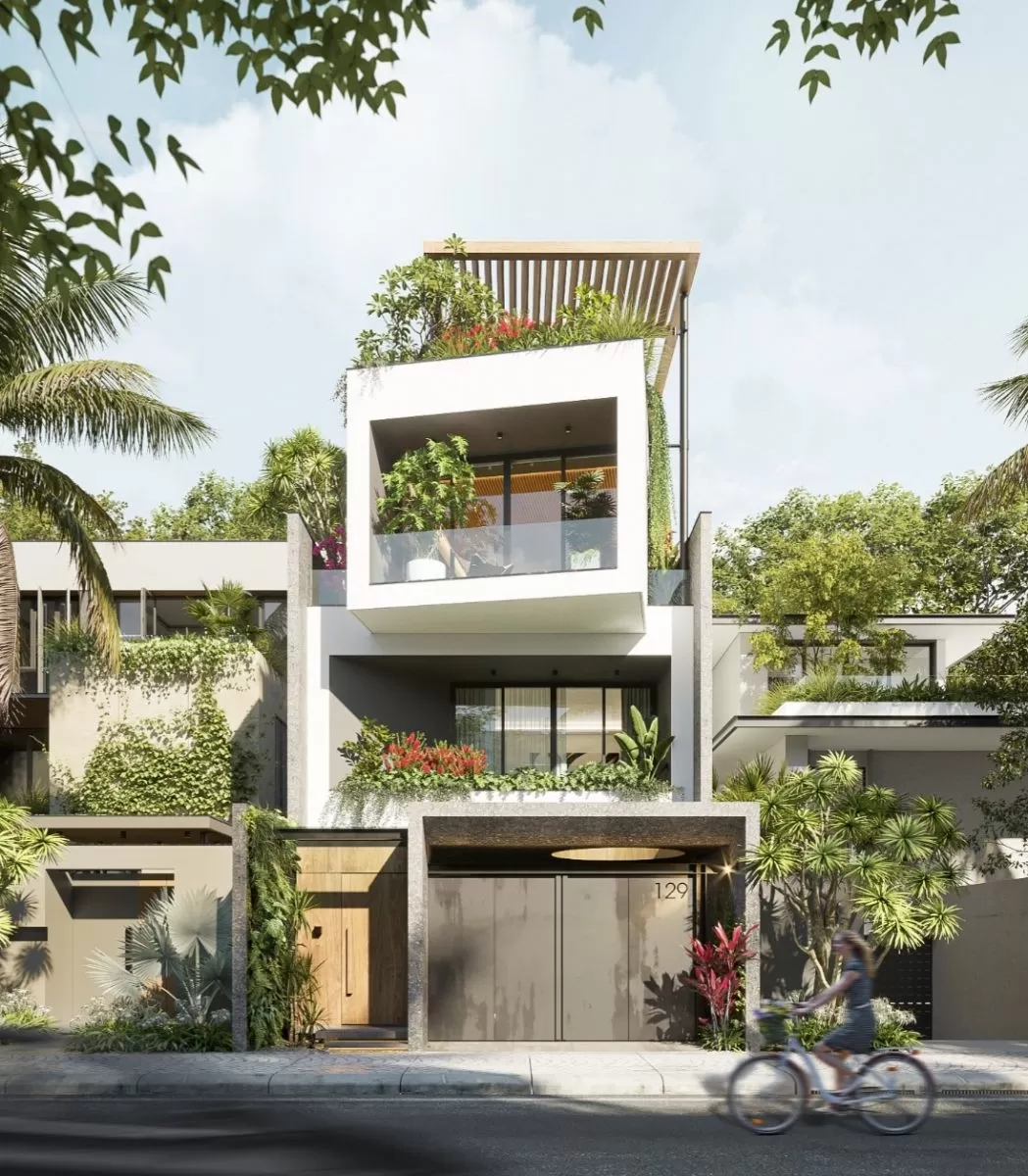 Biệt thự phố lệch tầng mái bằng hiện đại 3 tầng 4 phòng ngủ
