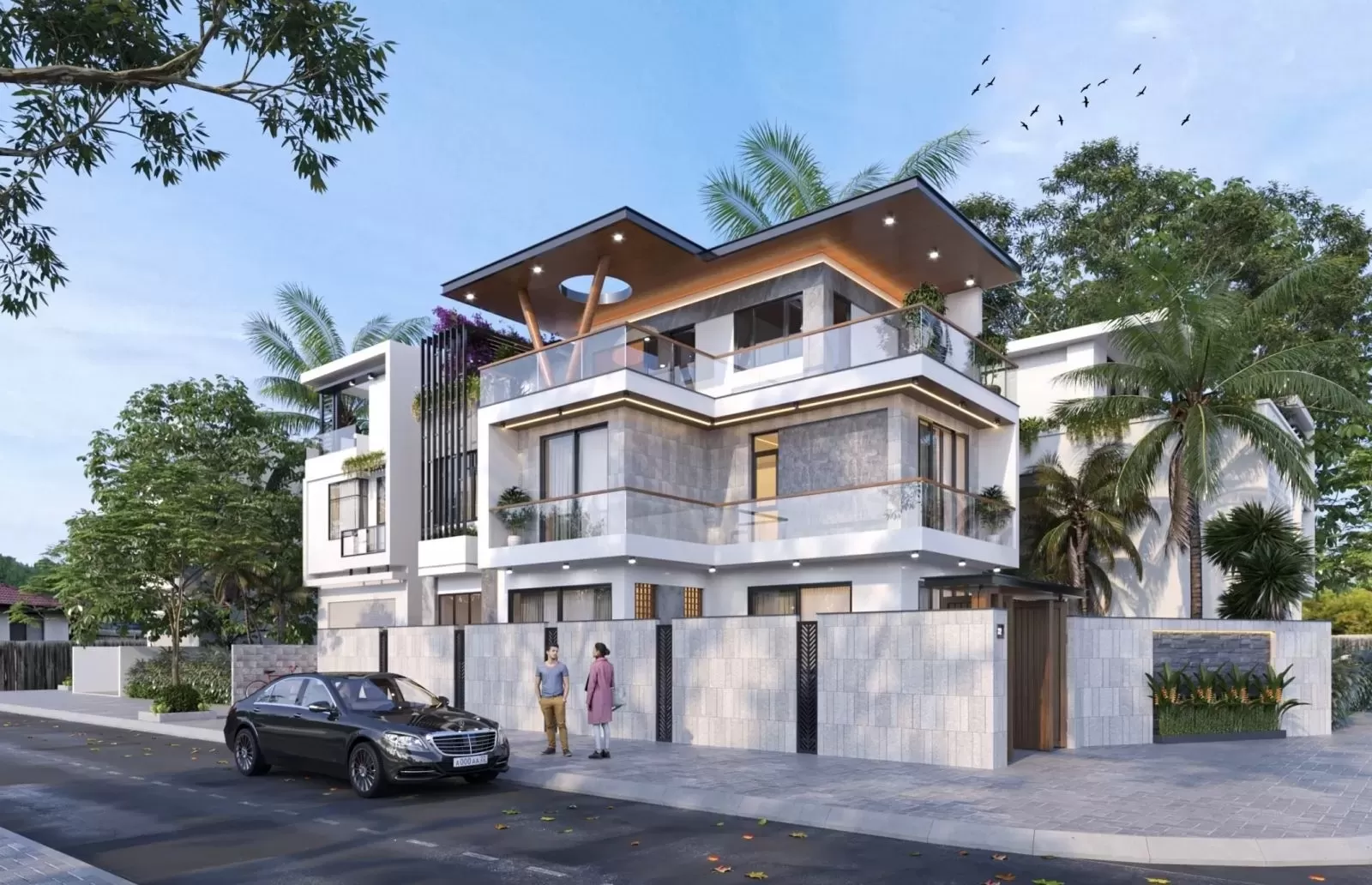 Mẫu biệt thự chữ L 3 tầng hiện đại mái bằng 2 mặt tiền