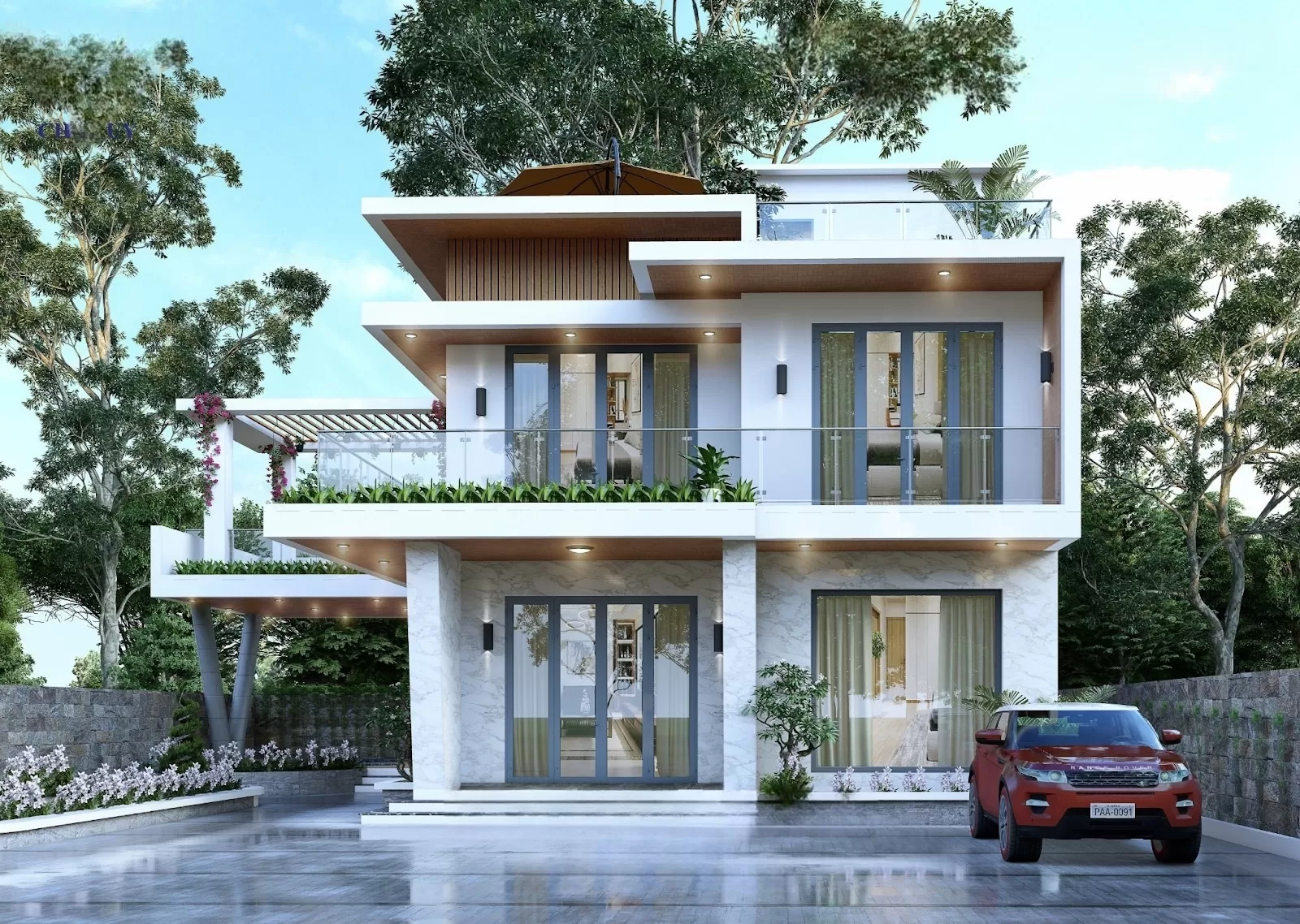 Phong cách thiết kế nhà hiện đại 120m2 2 tầng 1 tum tối giản