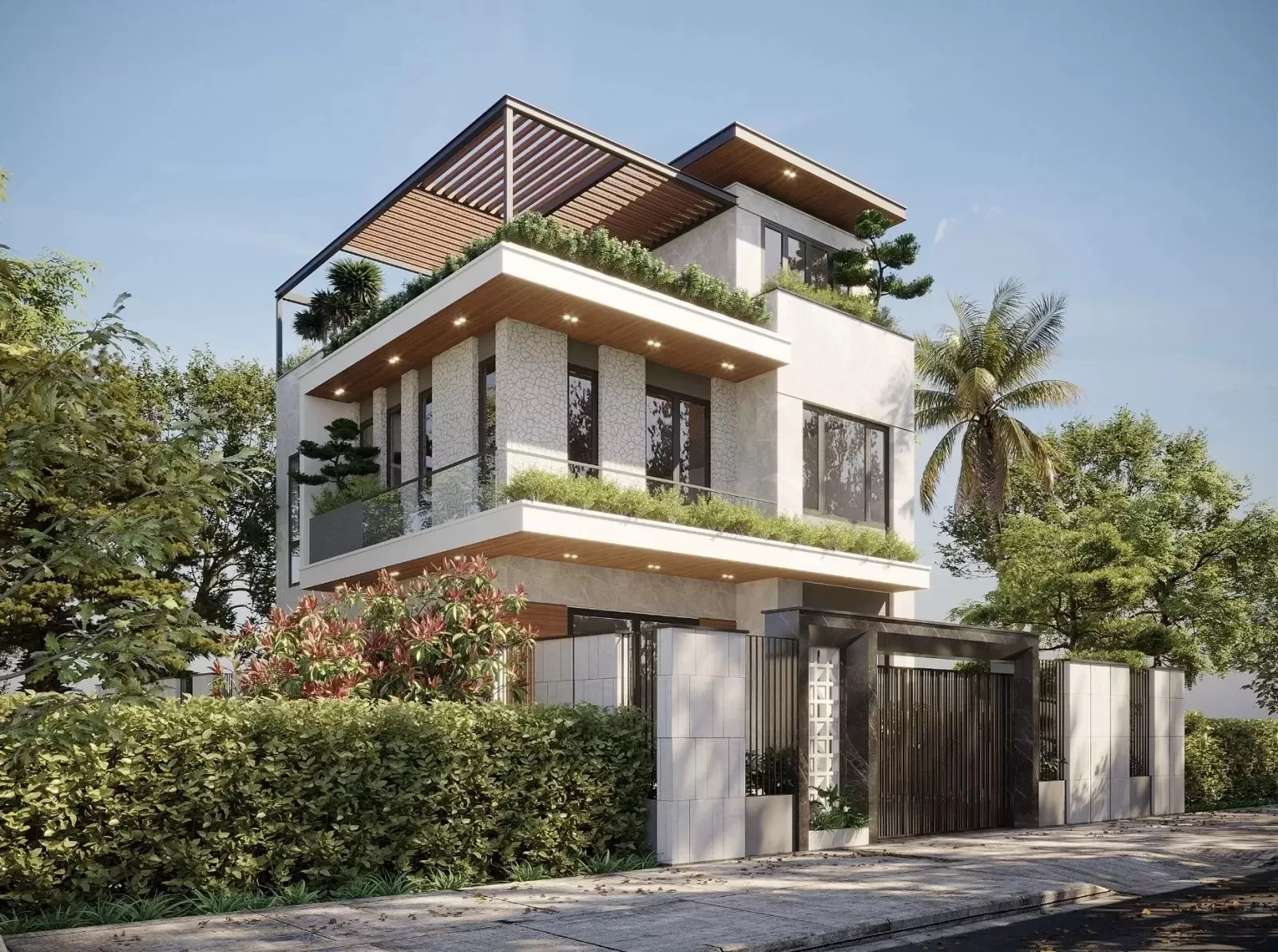 Thiết kế nhà 3 tầng 7x11m có ưu điểm bố trí công năng dễ dàng, kiến trúc đẹp từ hiện đại đến tân cổ điển và không gian sống thoáng mát nhờ sự kết hợp giữa cây xanh sân vườn