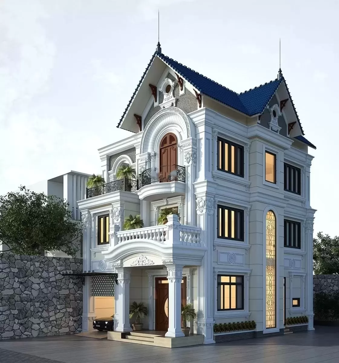 Thiết kế nhà 3 tầng 7x11m có ưu điểm bố trí công năng dễ dàng, kiến trúc đẹp từ hiện đại đến tân cổ điển và không gian sống thoáng mát nhờ sự kết hợp giữa cây xanh sân vườn