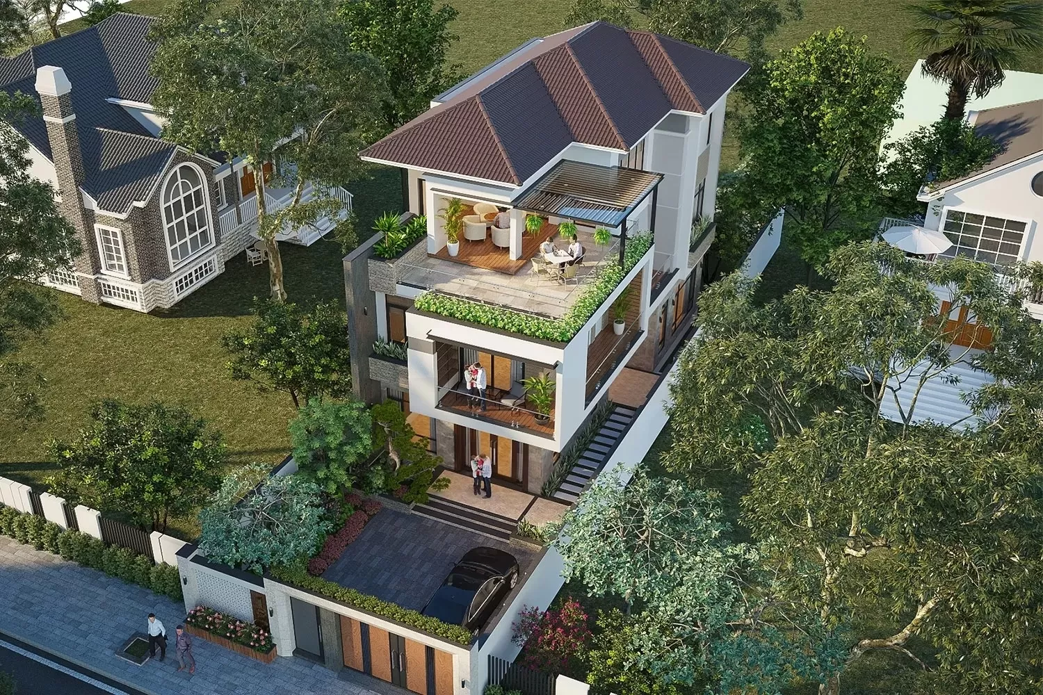 Thiết kế nhà 3 tầng 7x11m có ưu điểm bố trí công năng dễ dàng, kiến trúc đẹp từ hiện đại đến tân cổ điển và không gian sống thoáng mát nhờ sự kết hợp giữa cây xanh sân vườn
