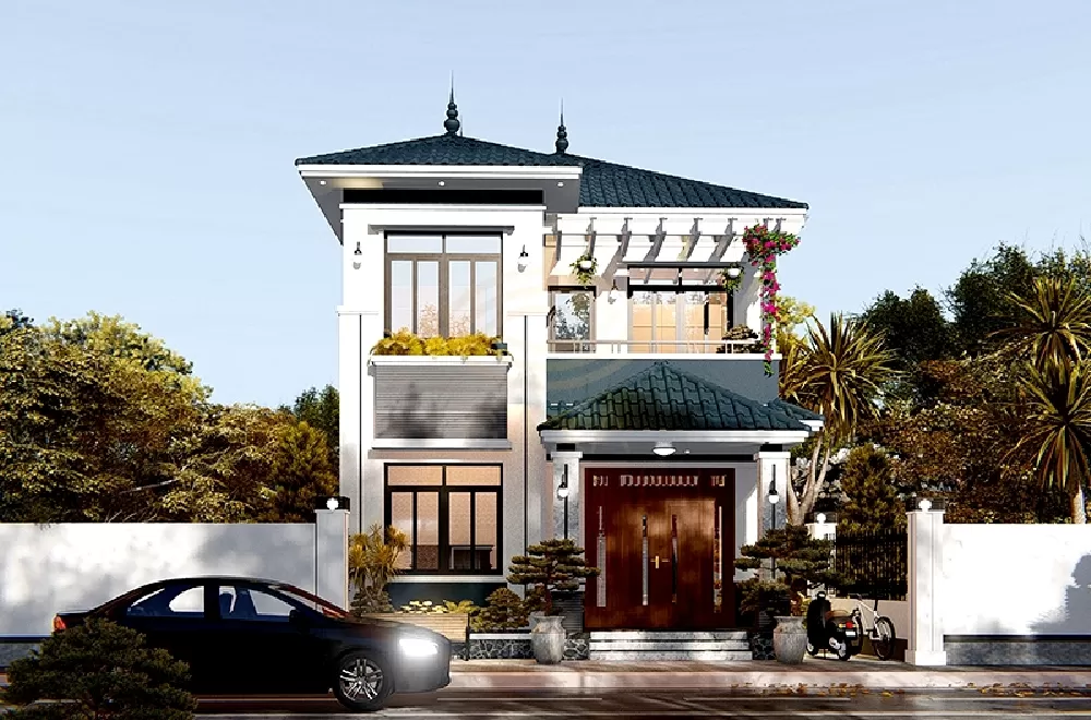 Sự tương phản giữa màu trắng sáng và chi tiết gỗ tạo nên không gian ấm cúng