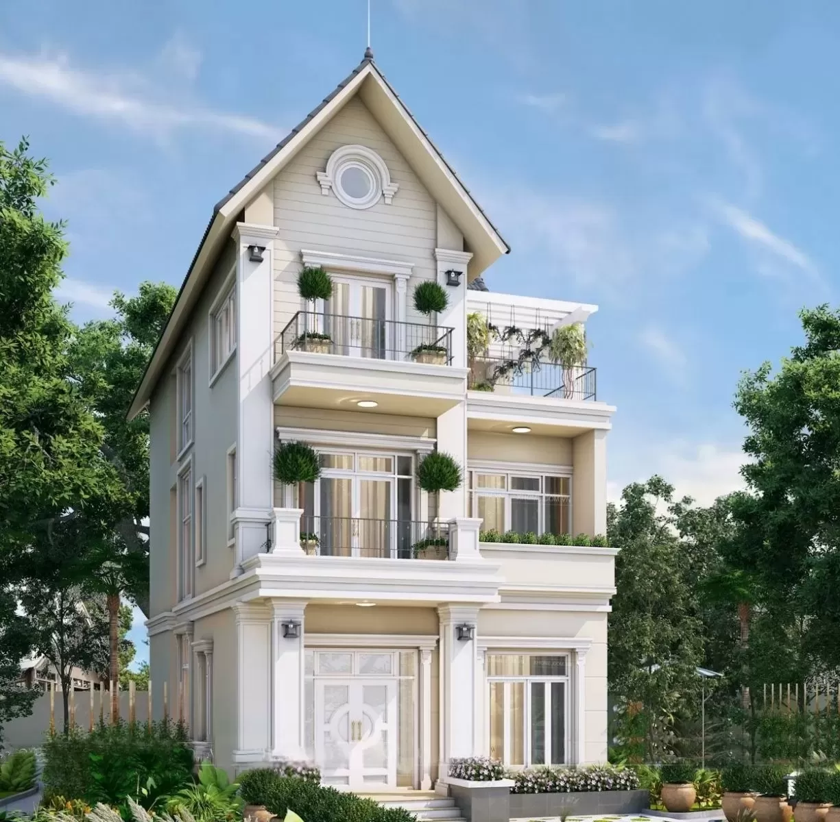 Biệt thự nhà vườn mái thái chữ L 3 tầng 150m2 phong cách tân cổ điển