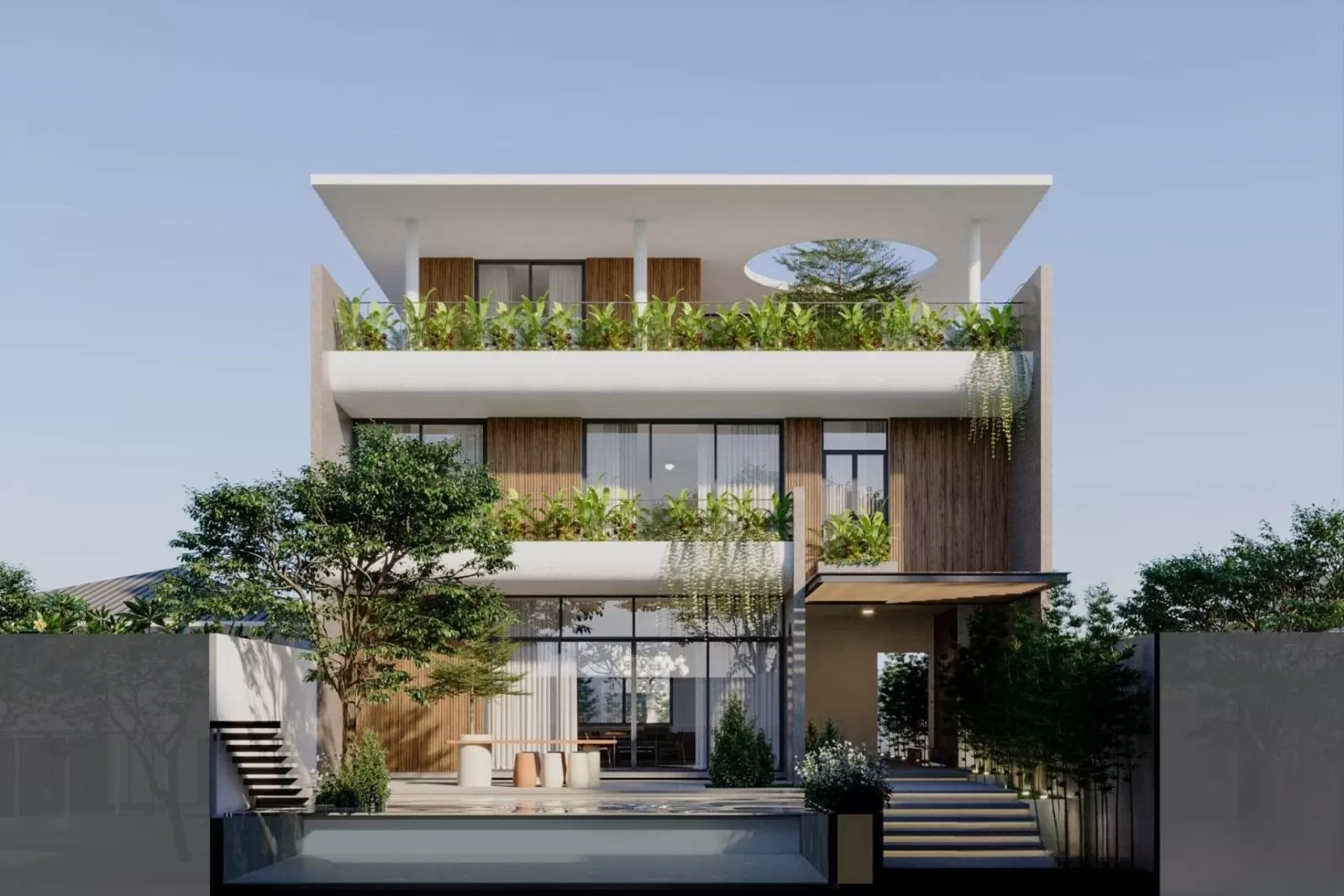 Biệt thự 3 tầng mái bằng hiện đại sân vườn 150m2 thiết kế lệch tầng