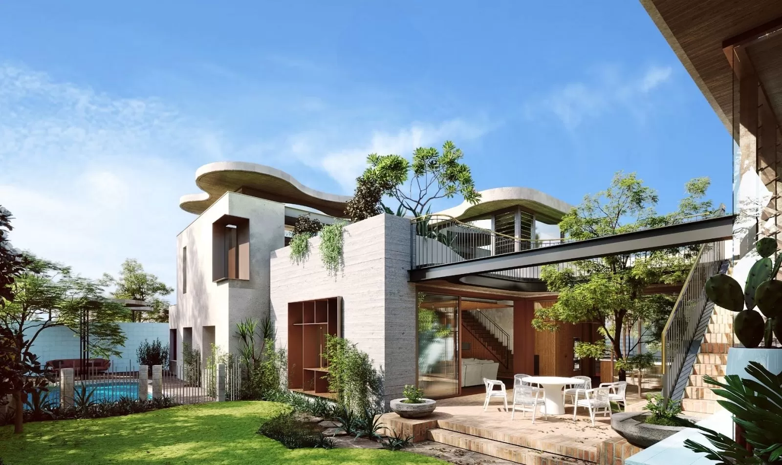Biệt thự sân vườn mái bằng 2 tầng 150m2 hiện đại có gara