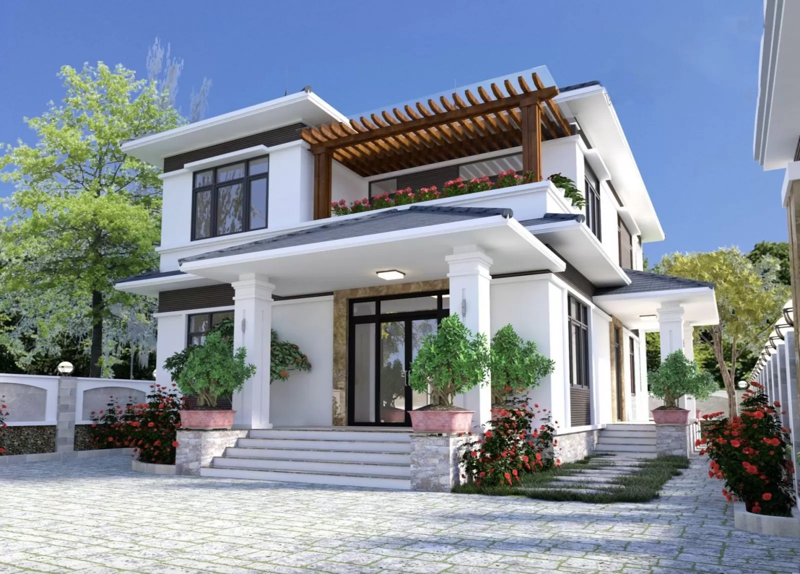 Biệt thự vườn mái nhật hiện đại 2 tầng 4 phòng ngủ không gian mở