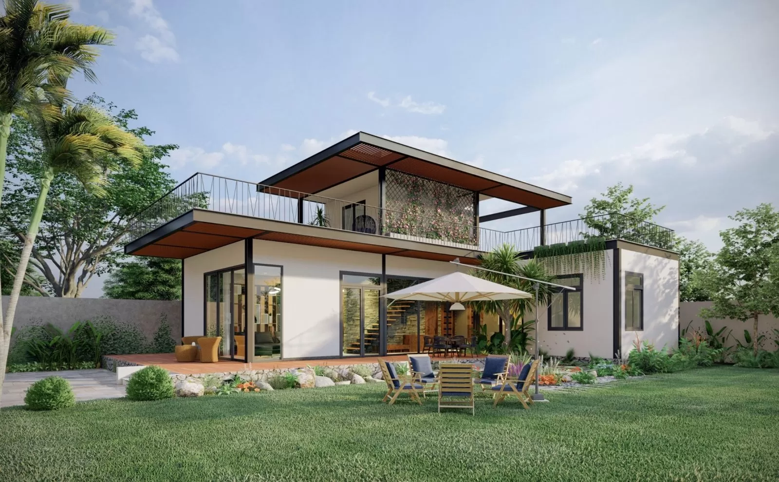 Biệt thự phố 2 tầng mái bằng phong cách tối giản 8x15m có không gian mở