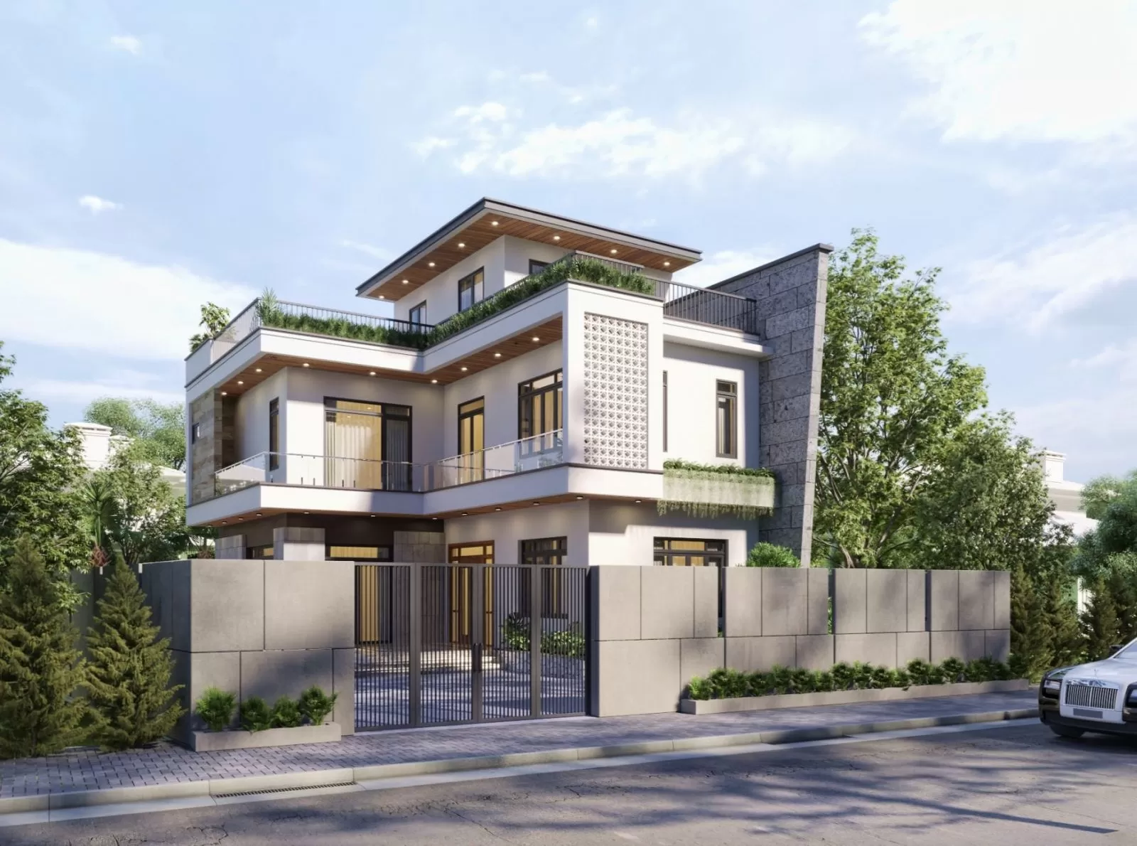 Nhà chữ L 2 tầng 1 tum phong cách không gian mở hiện đại tối giản