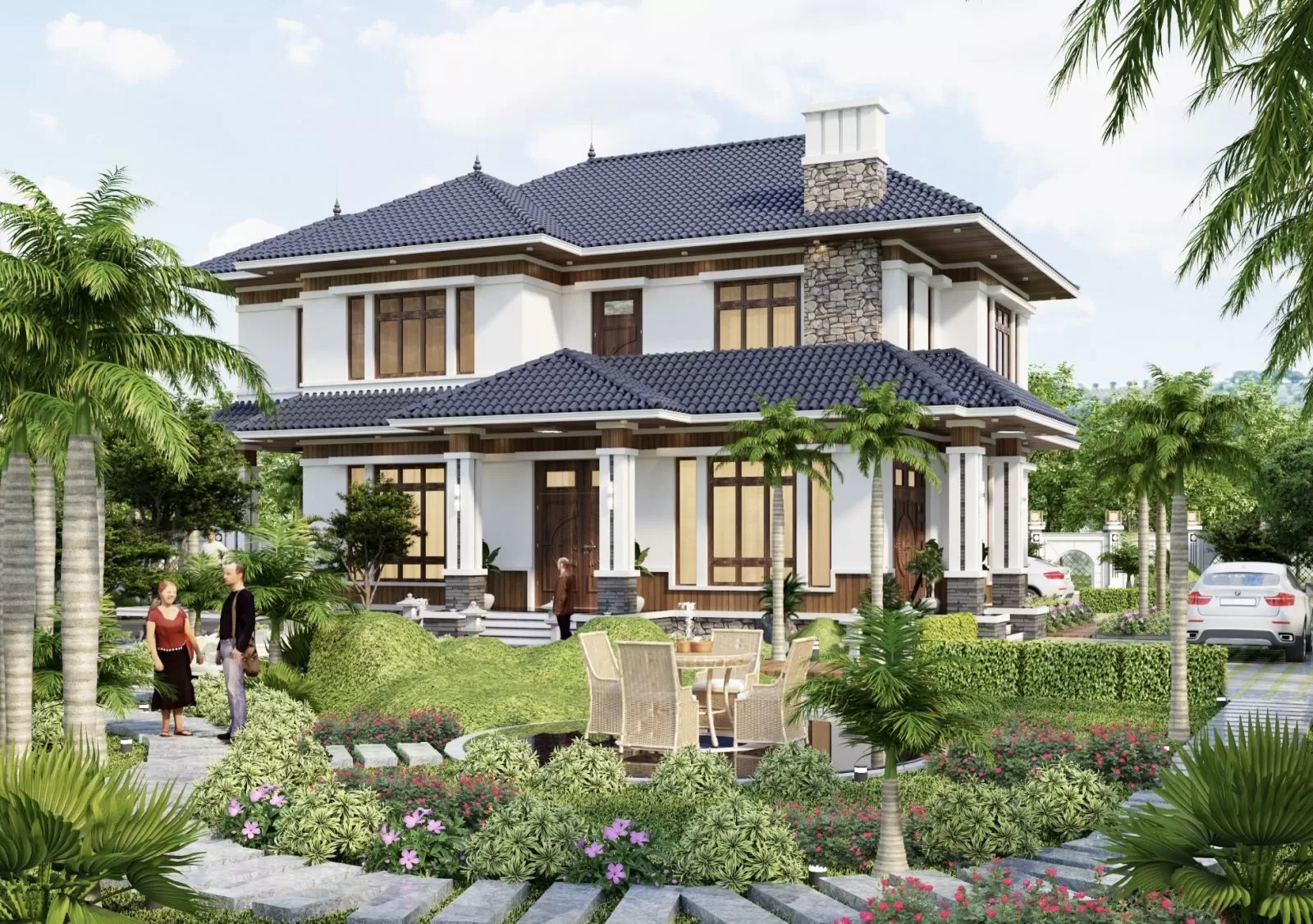 Biệt thự nhà vườn 2 tầng mái nhật đẹp đơn giản với không gian mở