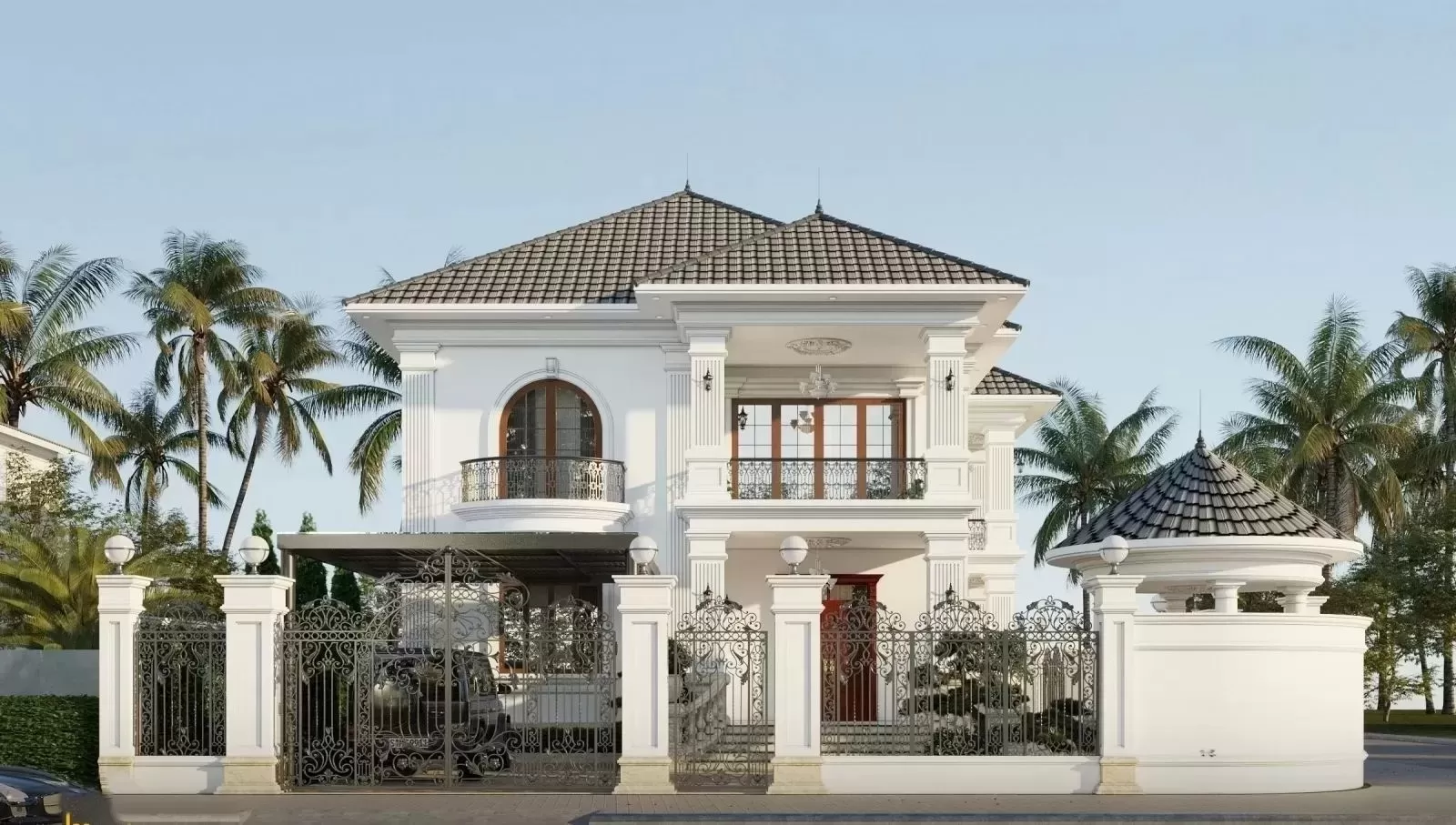 Với phong cách tân cổ điển, những hoa văn đường chỉ được chạm trổ khéo léo cùng với đó là những hệ trụ cột vuông vức tạo nét đồ sộ nguy nga… tất cả thể hiện được đẳng cấp và gu thẩm mỹ tinh tế của gia chủ