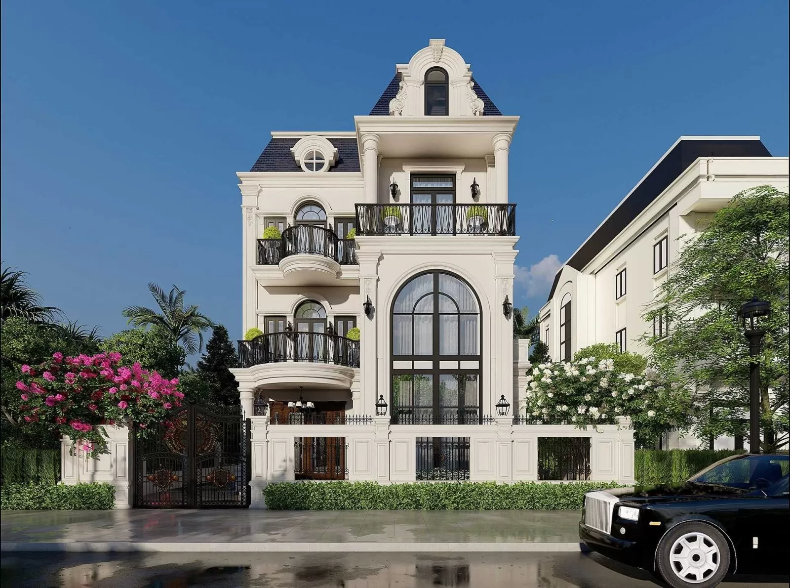 Với phong cách tân cổ điển, những hoa văn đường chỉ được chạm trổ khéo léo cùng với đó là những hệ trụ cột vuông vức tạo nét đồ sộ nguy nga… tất cả thể hiện được đẳng cấp và gu thẩm mỹ tinh tế của gia chủ