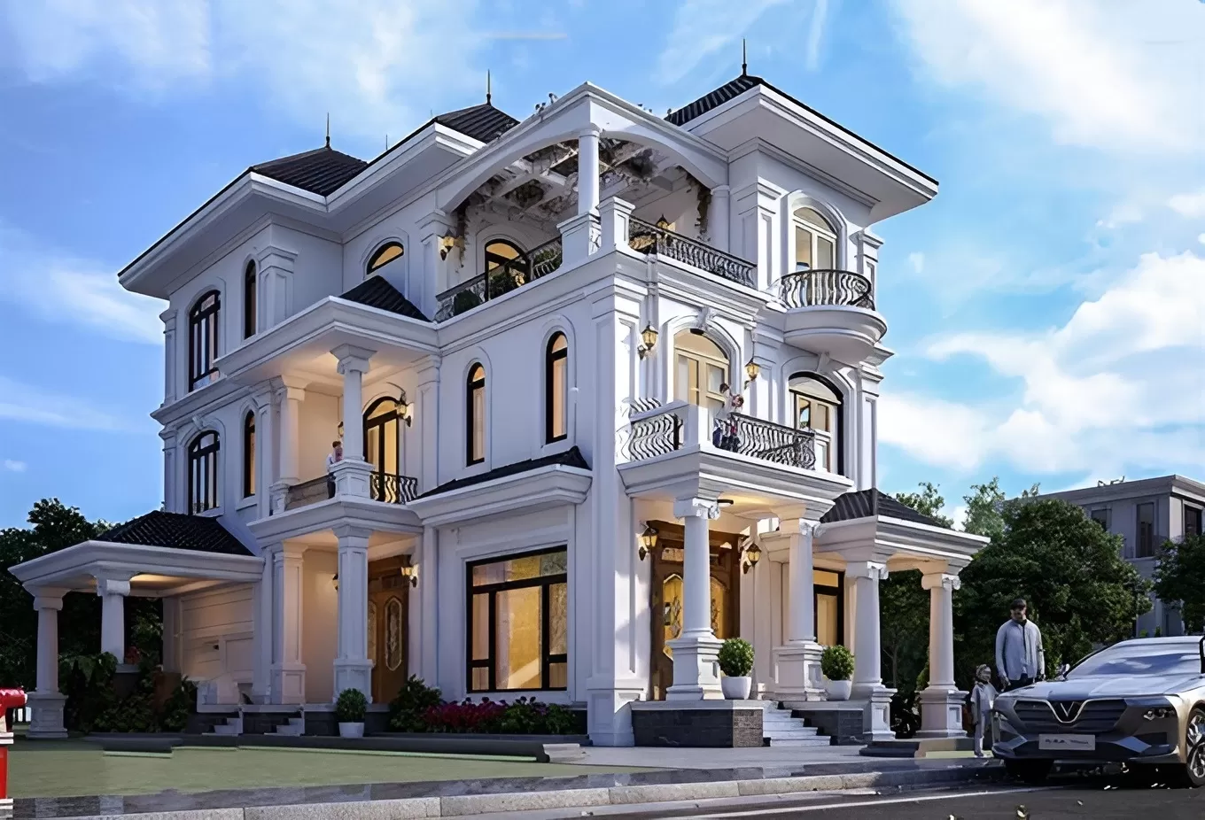 Biệt thự 3 tầng mái nhật tân cổ điển 8x15 3 phòng ngủ