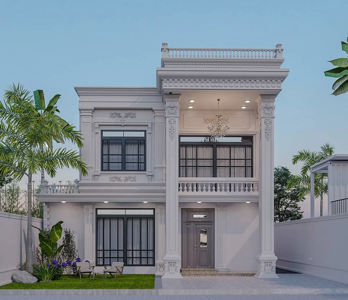 Mẫu nhà 8x15m 3 phòng ngủ phong cách cổ điển