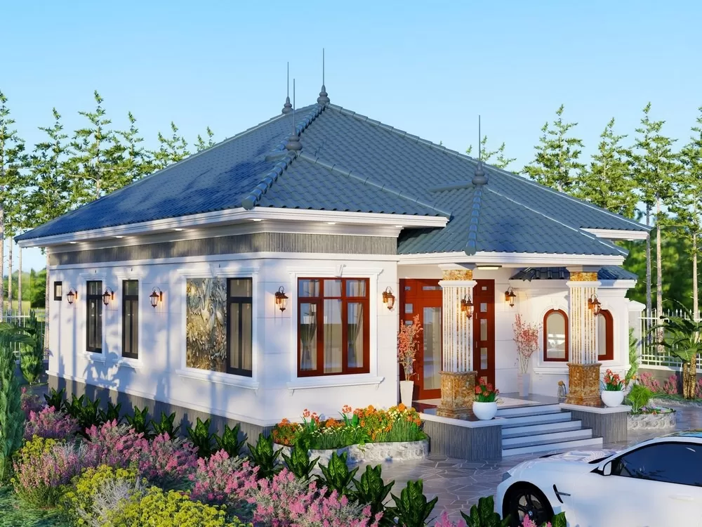 Mẫu biệt thự 1 tầng mái nhật tân cổ điển 8x15 3 phòng ngủ