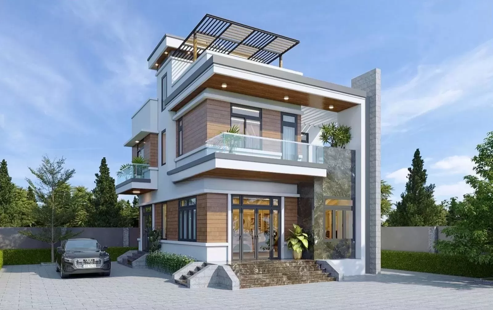 Nhà vườn 2 tầng 3 phòng ngủ 8x15 mái bằng hiện đại