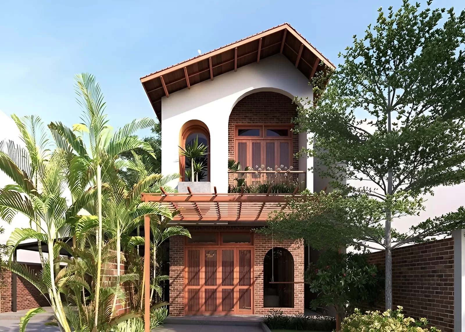 Nhà 2 tầng mái lệch 8x15 3 phòng ngủ phong cách truyền thống