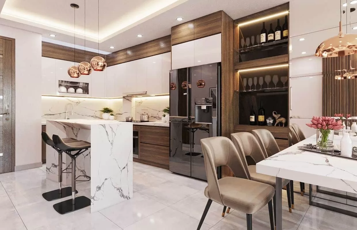 Phòng bếp thường được thiết kế liền kề với phòng khách