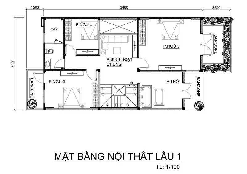 Bản vẽ nhà 2 tầng 5 phòng ngủ 150m2 hiện đại