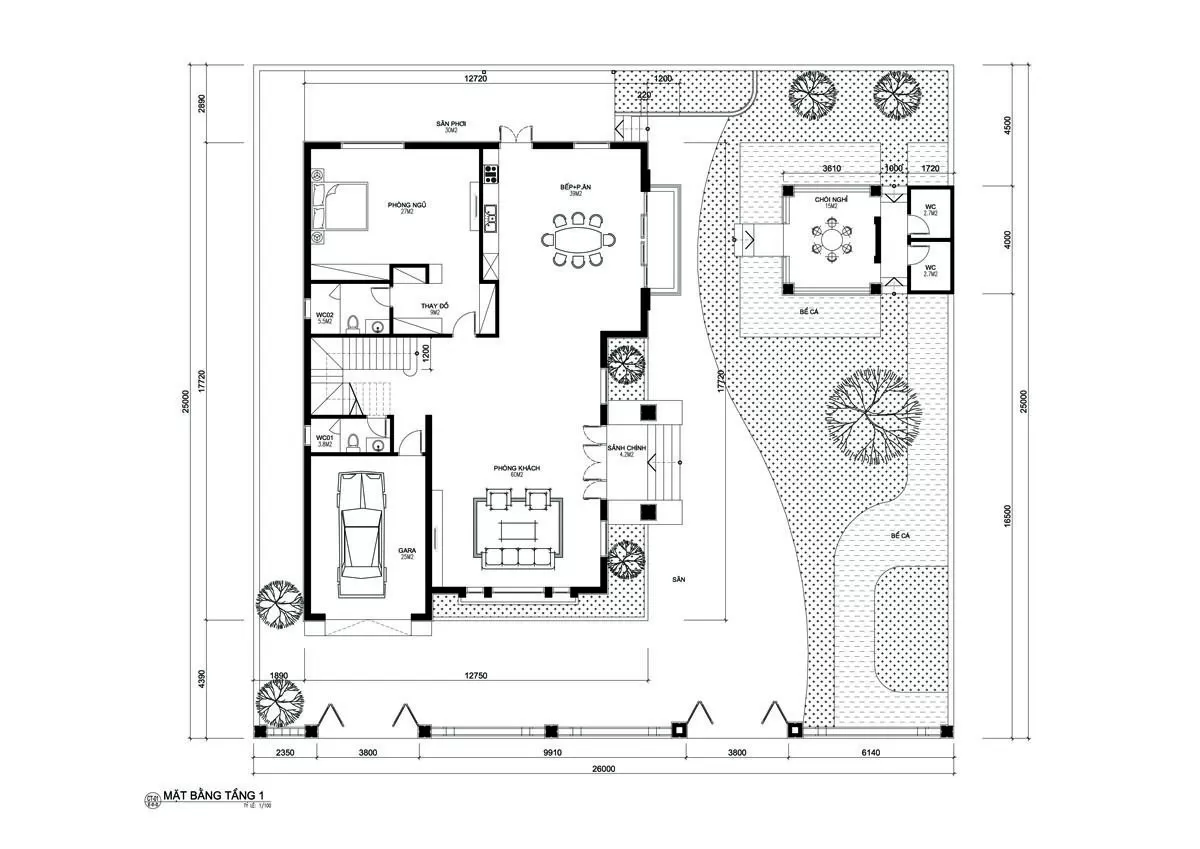 Công năng tầng 1 nhà 2 tầng 5 phòng ngủ 150m2 tân cổ điển