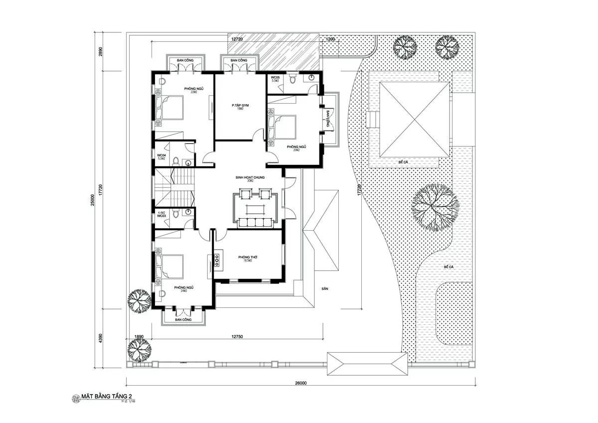 Công năng tầng 2 nhà 2 tầng 5 phòng ngủ 150m2 tân cổ điển